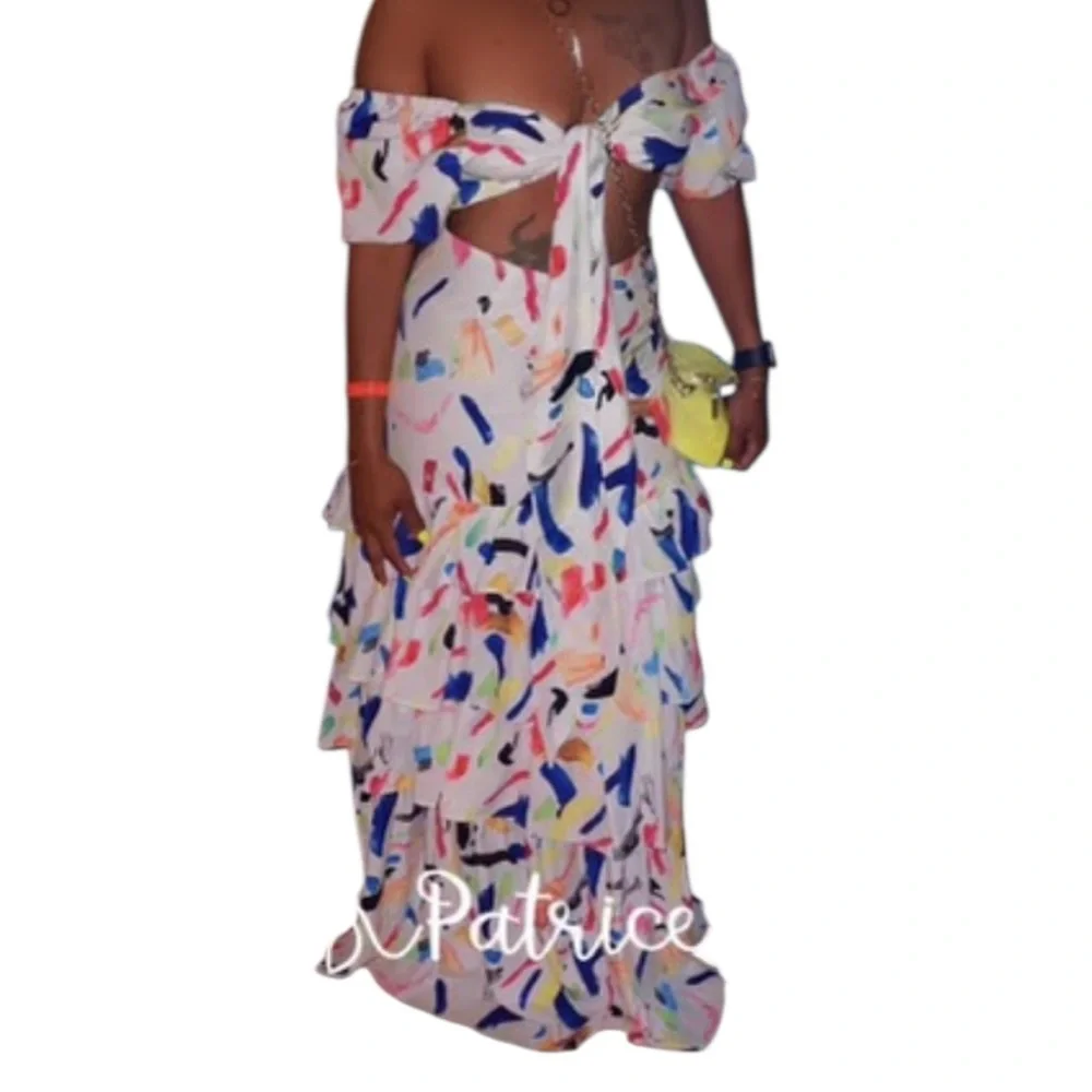 Colorful Abstract Off-Shoulder Crop and Layered Maxi Set, Size: Med - Picture 11 of 11